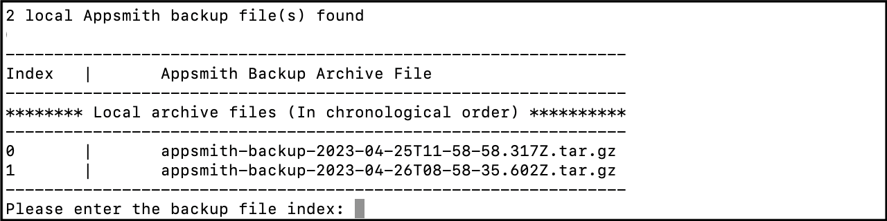 Select a backup archive while restoring Appsmith instance